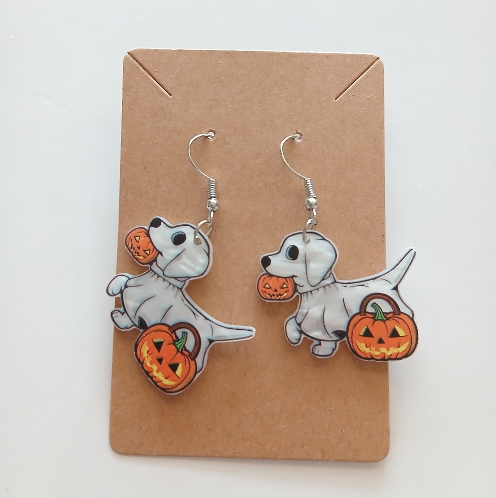 Fashion Jewelry Halloween Dog Earrings - Silver and Orange - Picture 2 of 3